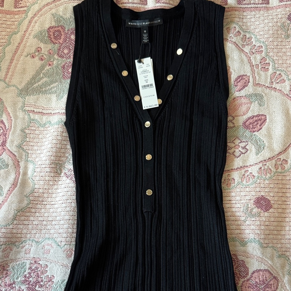 White House Black Market Ribbed Black Tank with Gold Buttons